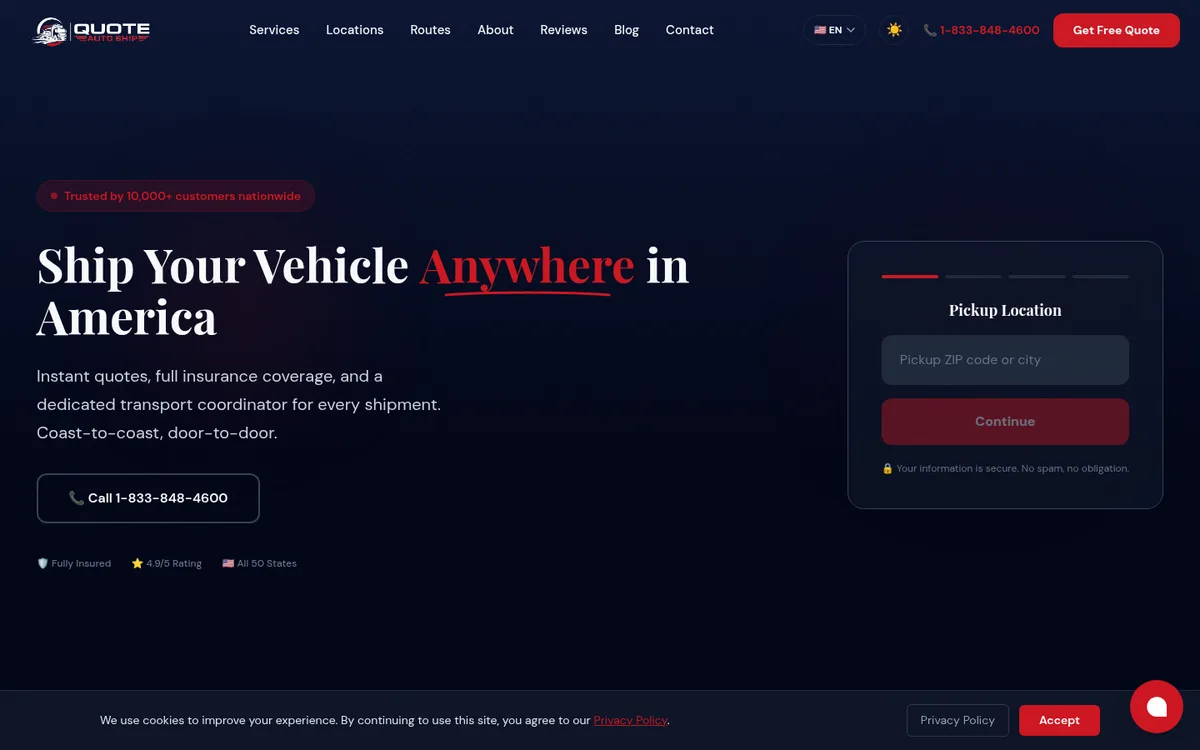 Screenshot of the QuoteAutoShip homepage